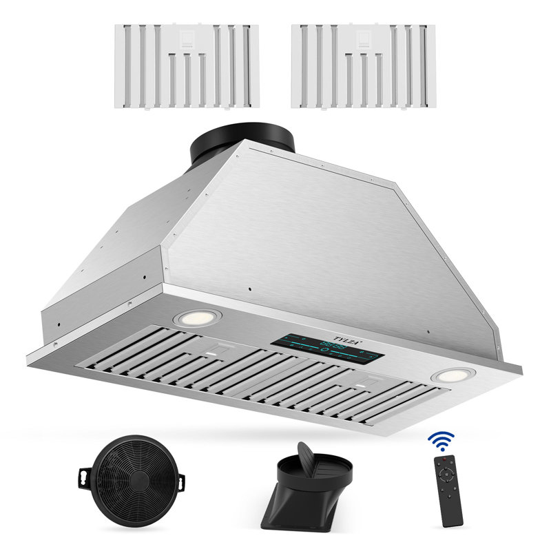 30" 900 CFM Insert Range Hood, Ducted/Ductless Convertible, 4 Speed Ultra-Quiet, Remote/Touch /Gesture Control, Delayed Shutdown, Timer, Dishwasher-Safe Stainless Steel Baffle Filter, Charcoal Filter, Adjustable LED Lights, Silver