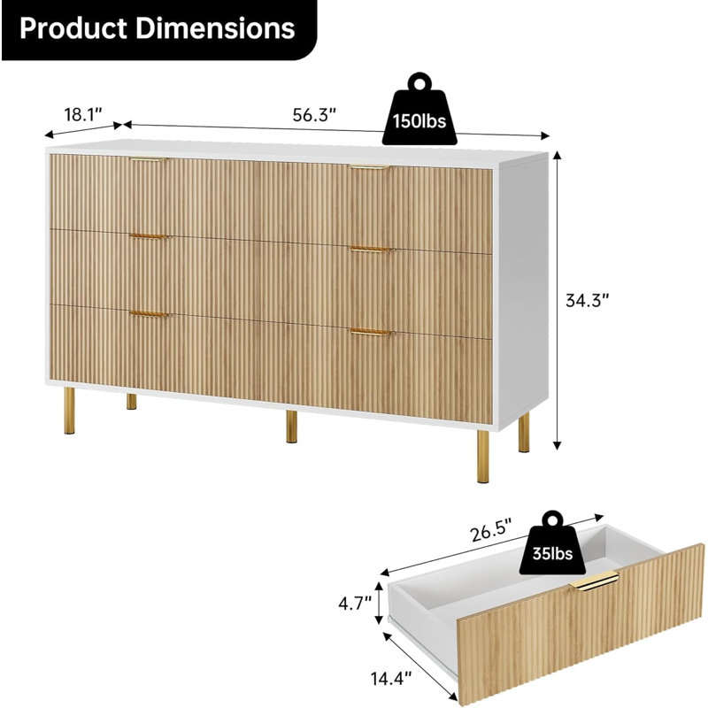 6 Drawer Bedroom Dresser - Modern Wood with Gold Handles