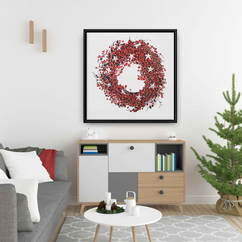 Red Berry Wreath Canvas | Botanical Livingroom Decor | Red Frame
