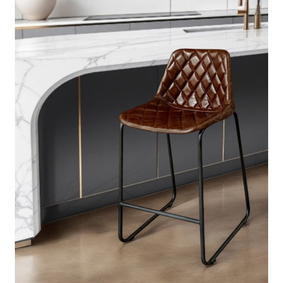 27" Brown and Black Leather and Iron Counter Height Bar Chair