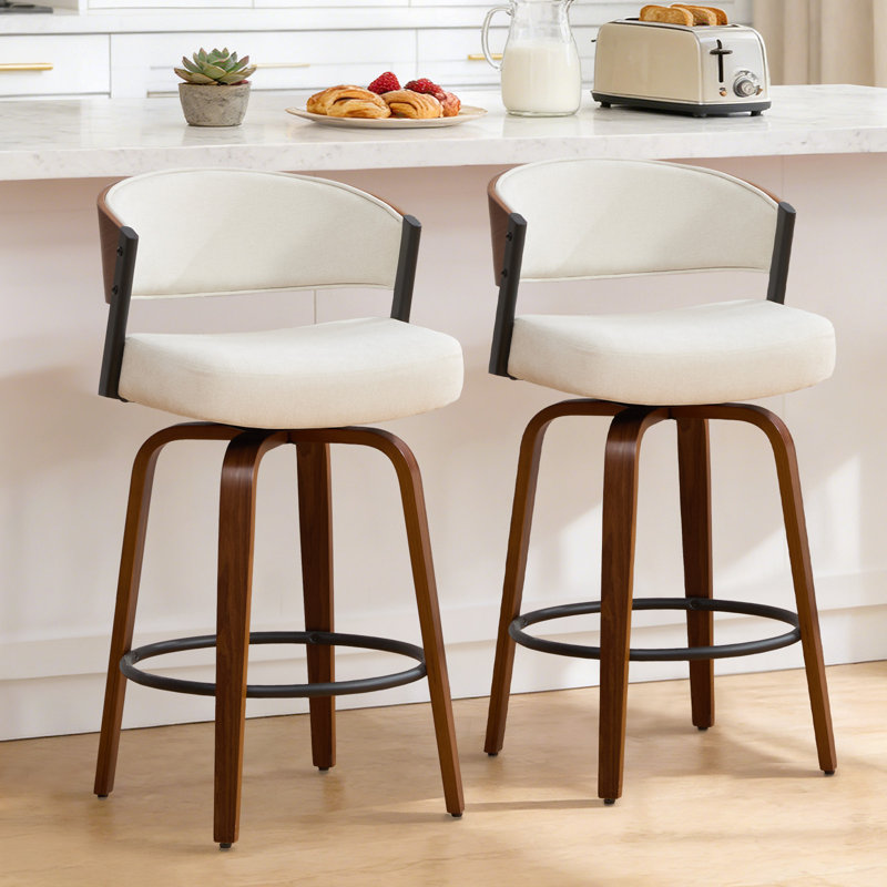 Tabouret de bar pivotant à 360 ° de style Mid-Century courbé moderne avec siège rembourré et dossier ouvert, Ivoire chaud