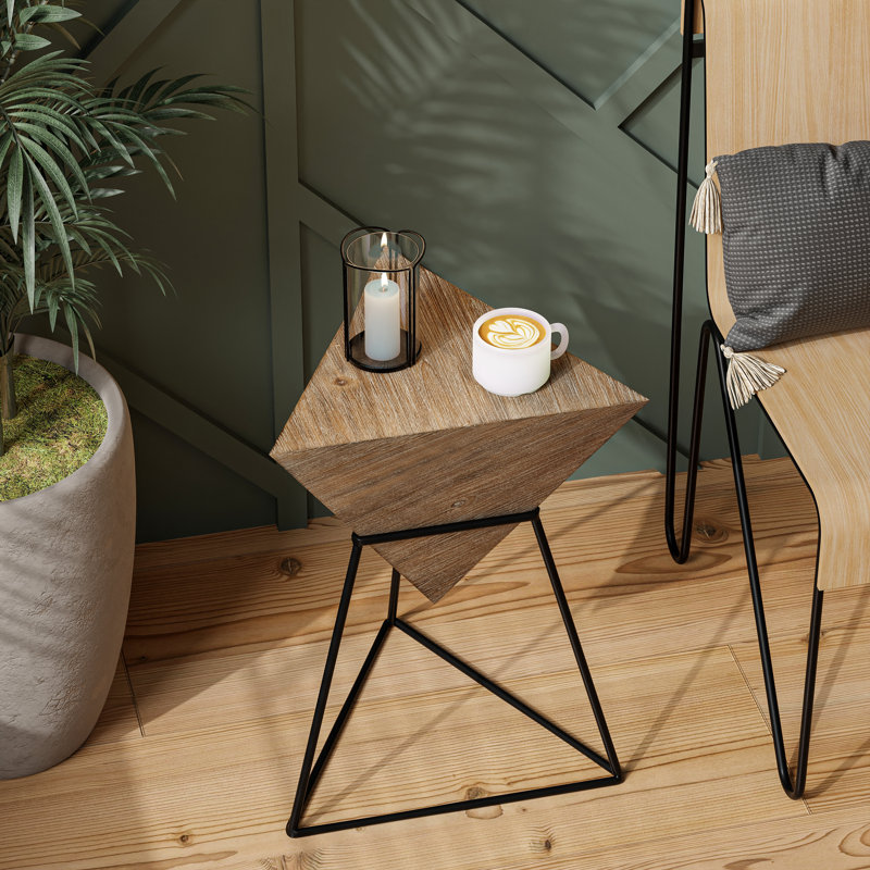 Brown Triangular MDF and Metal Geometric End Table