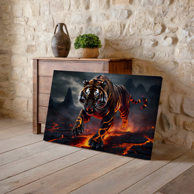 Canvas A Fierce Stylized Tiger Emerges From A Volcanic Landscape Its Wall Art Body Intricately Designed With Glowing Orange And Red Canvas Wall Art