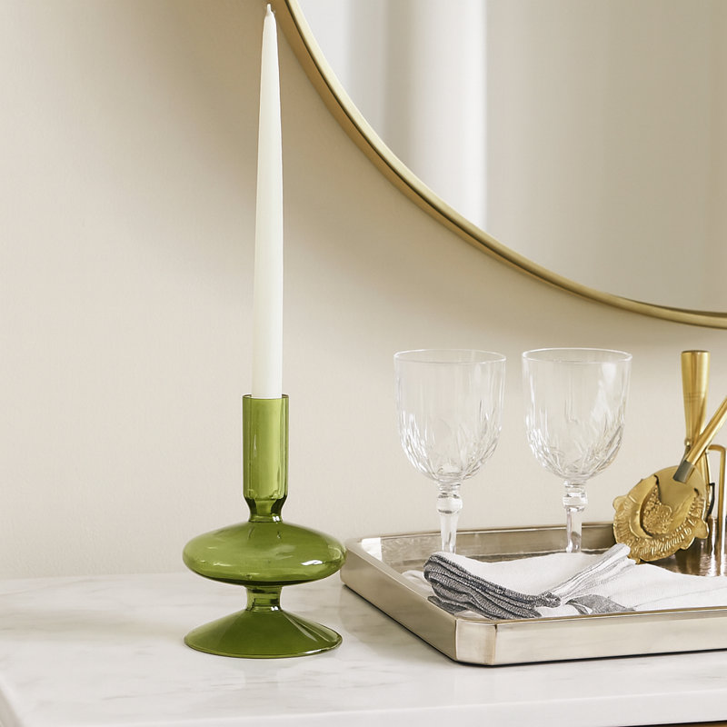 5" H Glass Sculptural Taper Candle Holder with Rounded Base, Green