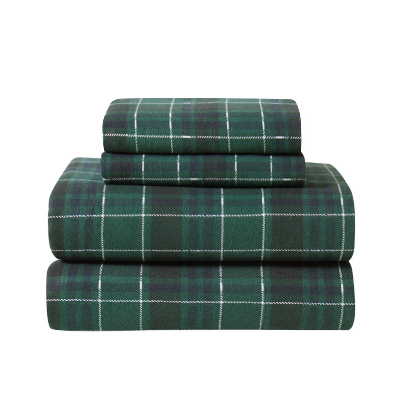 Draps en flanelle unie London Fog, Ensemble de draps pour grand lit + un drap-housse , Vert / noir, Plaid