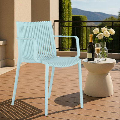4Pcs Modern Stackable Plastic Armchair For Indoor/Outdoor Use – Ergonomic Slatted Back Design, All-Weather PP Material, Light Baby Blue – Patio, Balcony, Cafe