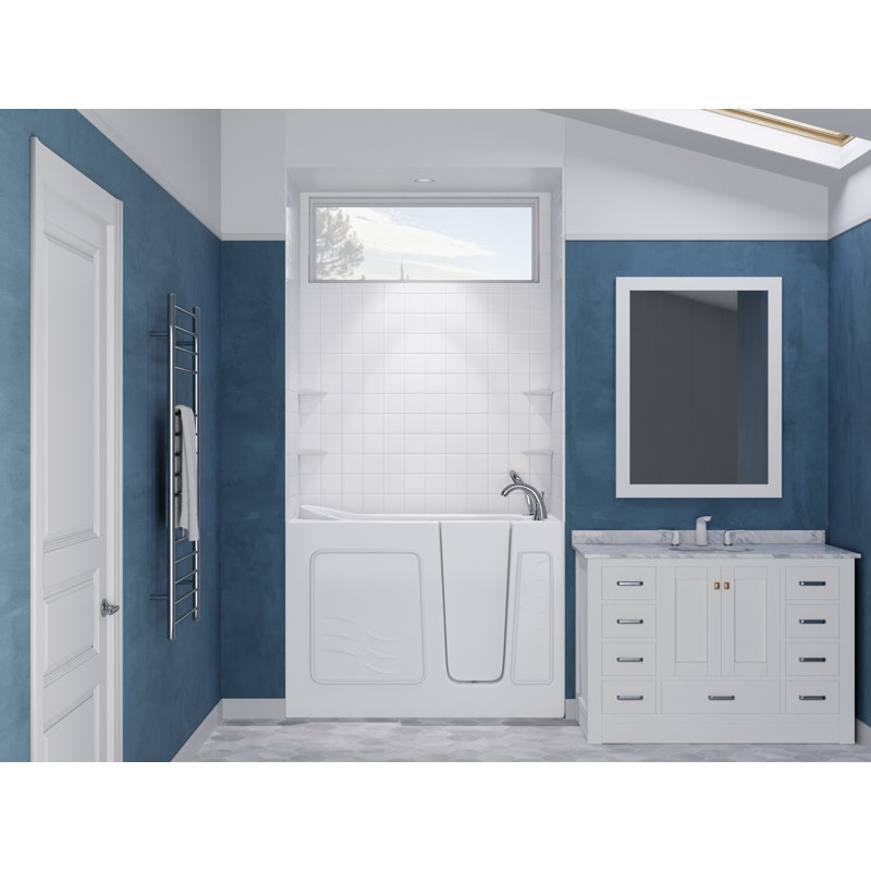 Nova Heated Series 26" x 53" Left Side Drain Soaker Bathtub in White with 4 in. Tile Shower Wall Kit, Left, White