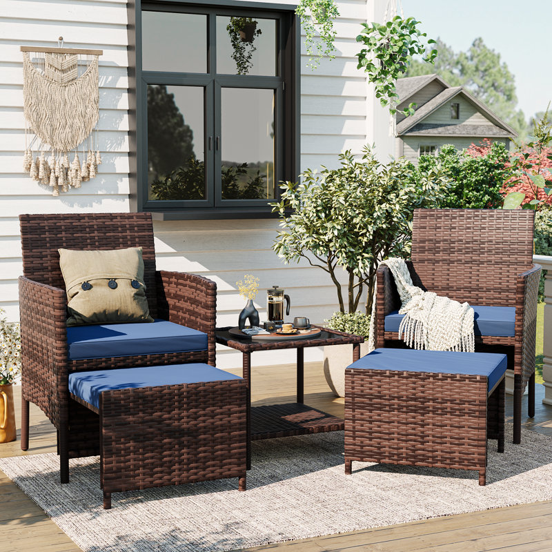 5 Pieces Outdoor Wicker Patio Conversation Set With Cushions And Ottoman, Navy Cushion/Brown Frame