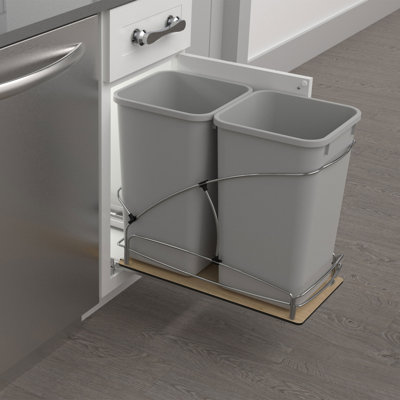 Rev-A-Shelf Steel Bottom Mount Waste Bin Trash Container for Under Kitchen Cabinet with Soft Close, Grey
