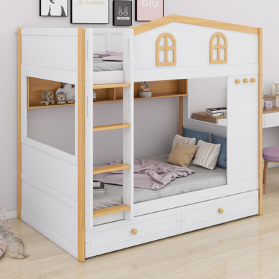 Safety House Guardrails Bunk Bed for Kids with Storage Drawers and Shelves