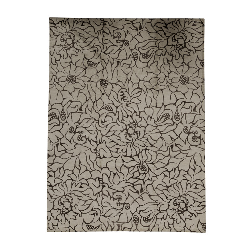 Tapis blanc et brun de haute qualité noué à la main, Rectangle 9 pi x 12 pi 1 po