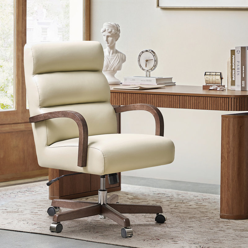 Chaise de bureau Para Modern en cuir avec pieds en bois massif, Beige