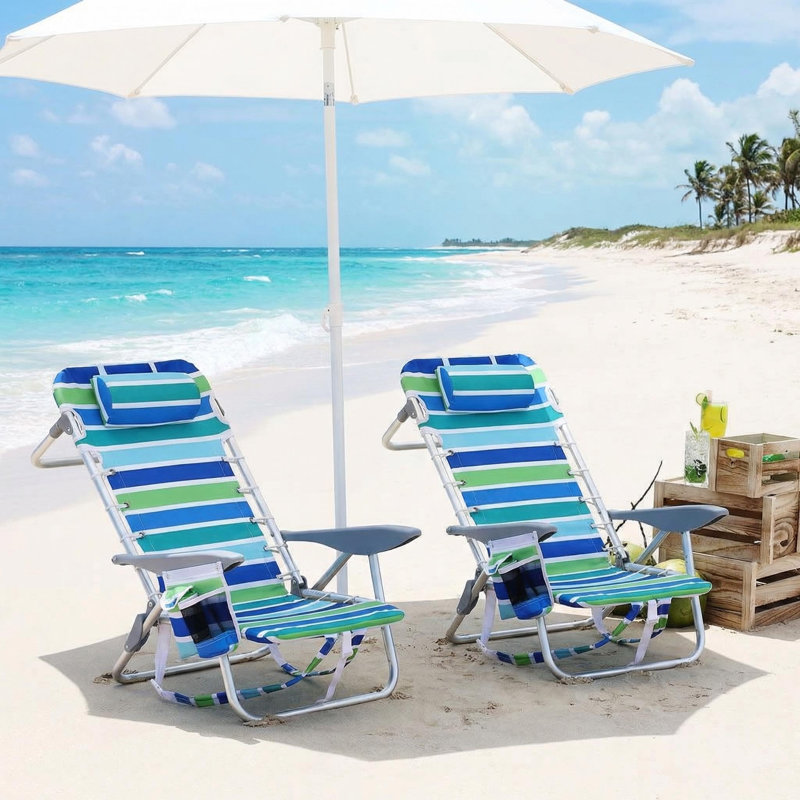 Paire de chaises longues de plage argentées 500LB à 5 positions avec siège-sac et porte-gobelet