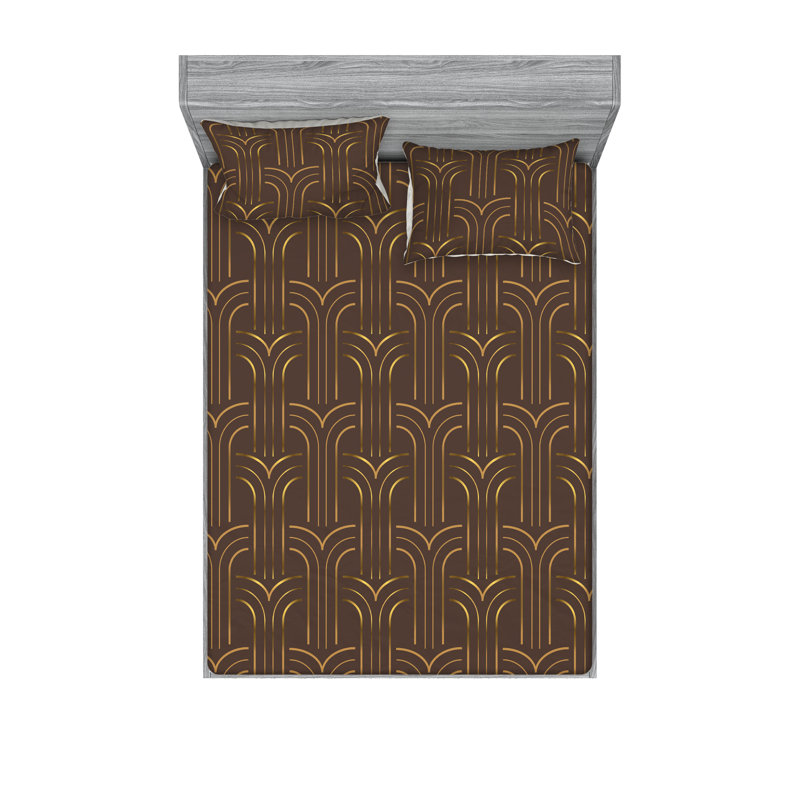 Ambesonne Fitted Sheet & Shams, Chocolate/Dark Mustard Abstract, California King Sheet Set with 2 Pillowcases