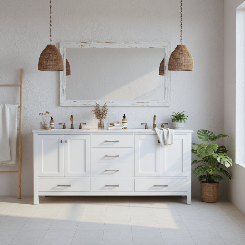 Ensemble de meuble-lavabo double 72 po en bois massif avec comptoir en marbre de culture blanc et lavabo, Blanc, 72"