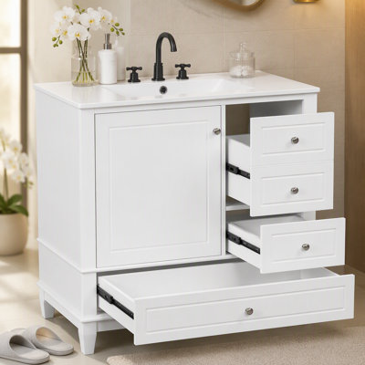 Meuble-lavabo 36 po avec lavabo en céramique, panneau de fibres à densité moyenne et base en bois massif, 3 tiroirs et armoire avec tablettes, meuble-lavabo autoportant avec trous de robinet de 4 po