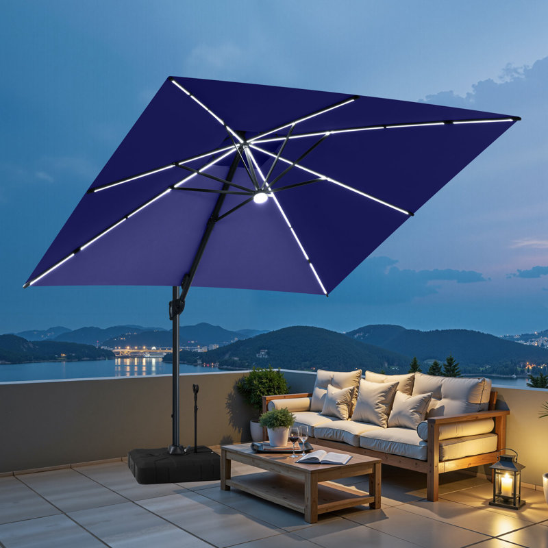 Parasol en porte-à-faux de patio carré 11 pi 11 pi avec lumières DEL solaires et base lestée, Black