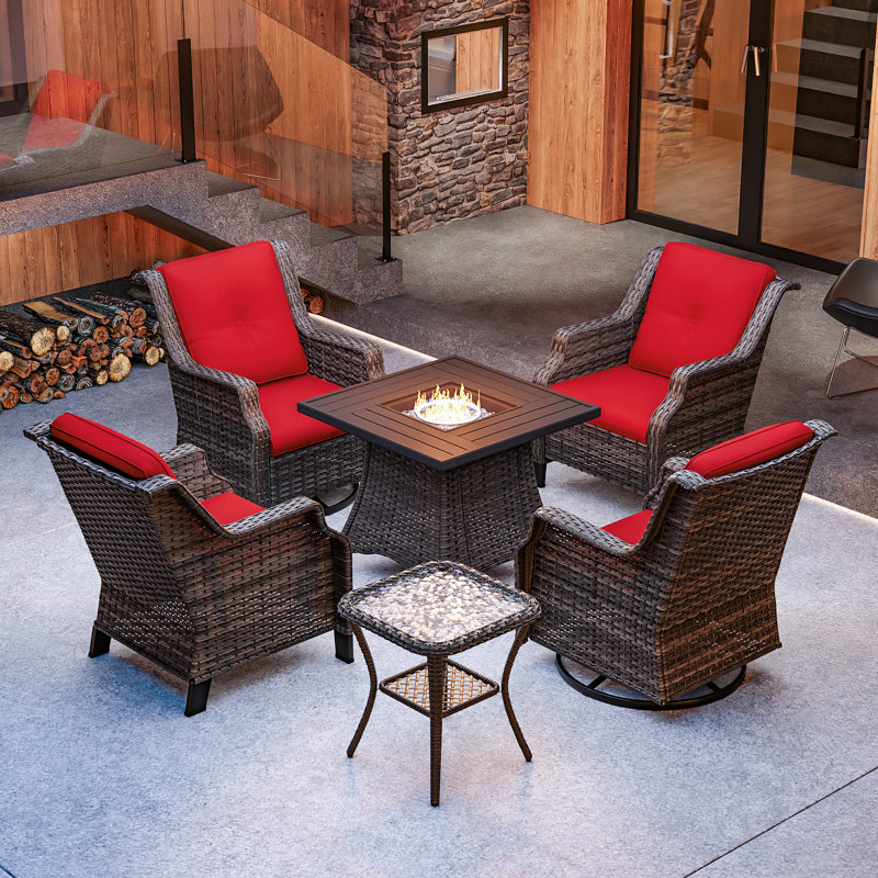 Ensemble de conversation pour 4 personnes avec foyer et coussins, Rouge