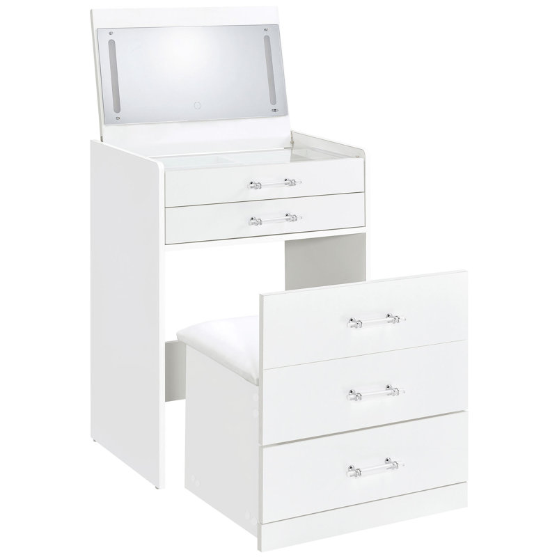 Table de coiffeuse à 3 tiroirs avec miroir et tabouret Ayuba, White