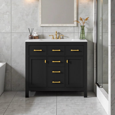 Ensemble de meuble-lavabo moderne 36 po avec lavabo en céramique et armoire en bois massif avec 4 tiroirs et 2 portes à fermeture en douceur