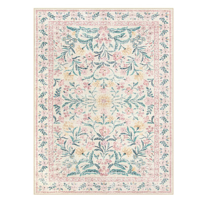  Washable Floral Area Rugs Boho Large Rugs Non-Slip for Bedroom Soft Rubber Backed Carpet