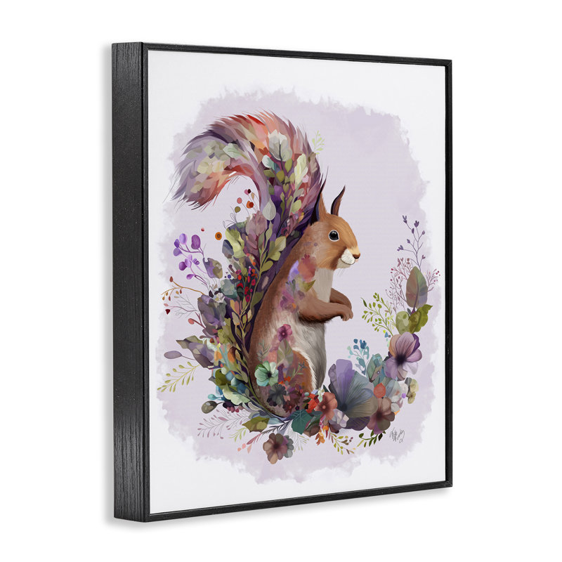Écureuil et guirlande florale, estampe numérique par Fab Funky, H 20 po x l 16 po, Giclée encadrée noir minuit