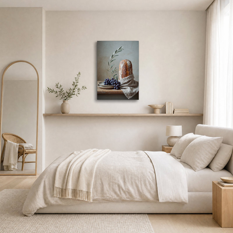 «Rustic Bread» et raisins mauves sur une table en bois, art mural, H 30 po x l 20 po