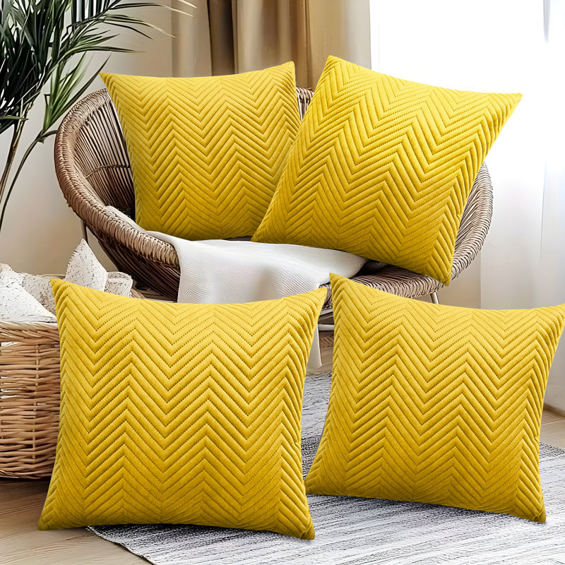 Embossed Quilted Pattern Velvet Cushion Cover (Set of 4), Ochre