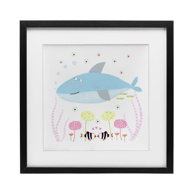 Baby Shark & Flowers Framed Print Under Glass, design by Carla Daly, 13" H x 13" W, Midnight Black Frame