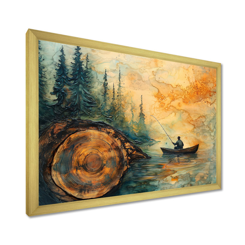 Gerrid pêche tranquillité rivière paysage II - bateau pêche art mural, H 30 po x l 40 po, Or