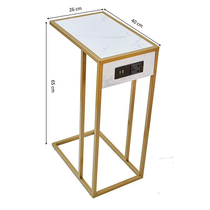 Delarosa Frame End Table with Built-In Outlets, Gold Finish Frame