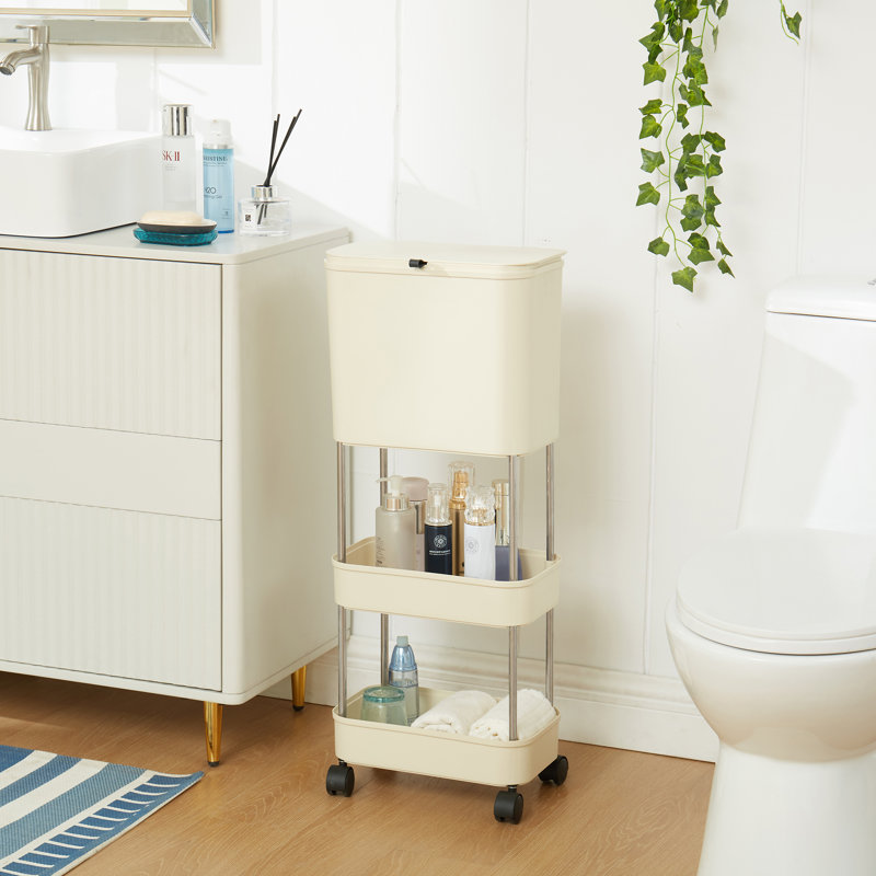 Kitchen Trash Can with Lid Garbage Bin with 2 Storage Shelves Narrow Waste Basket Snack Cart with Wheel