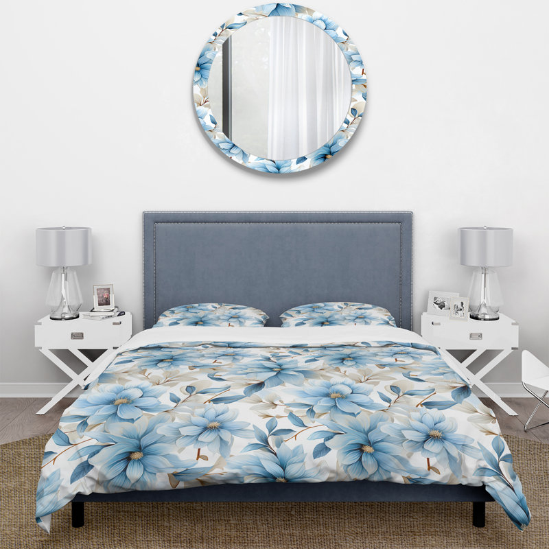 Blue Coastal Harmony Floral Pattern VI Box Stitch Floral Duvet Cover, King Duvet Cover + 2 King Shams