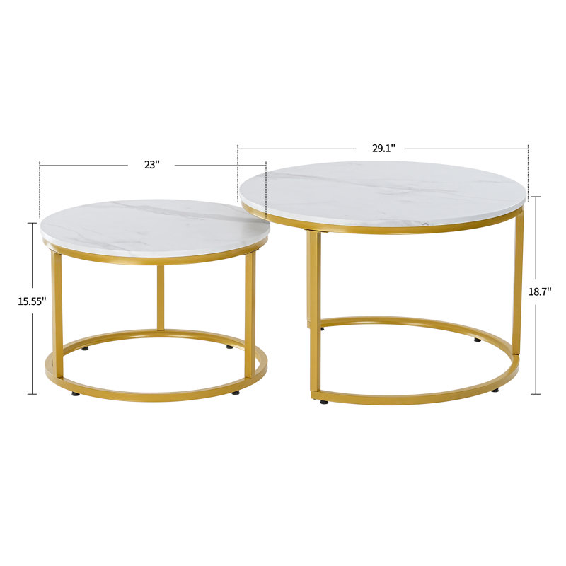 Ronik Round Shape Nesting Coffee Table for Living Room Marble Style Tabletop Gold Metal Frame