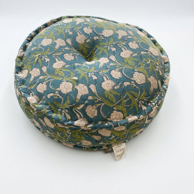 Indigo Printed Floral Pouf with Cotton Cover and Polyester Filling
