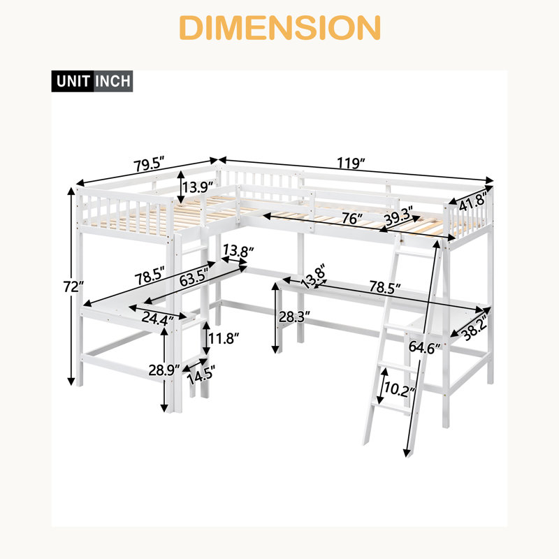 Lit mezzanine simple en bois en forme de L avec échelle et 2 bureaux intégrés en forme de L, Blanc