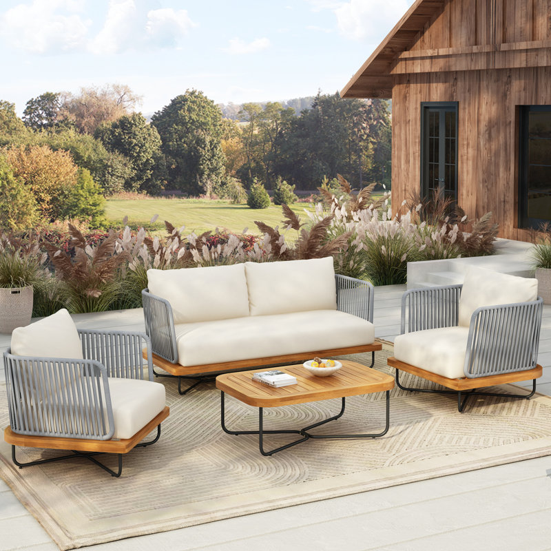 Ensemble de conversation d'extérieur en bois d'acacia et corde tissé 4 pièces Lucca, beige, 4 Pcs: Table, Loveseat, 2 Chairs