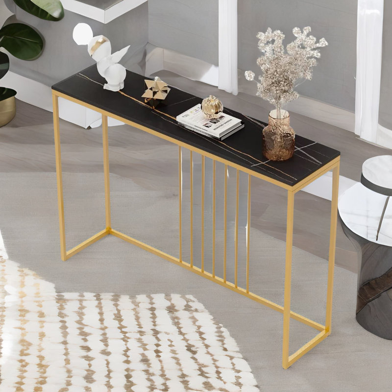 Marble Console Table Hallway Entryway Furniture, Black/Gold
