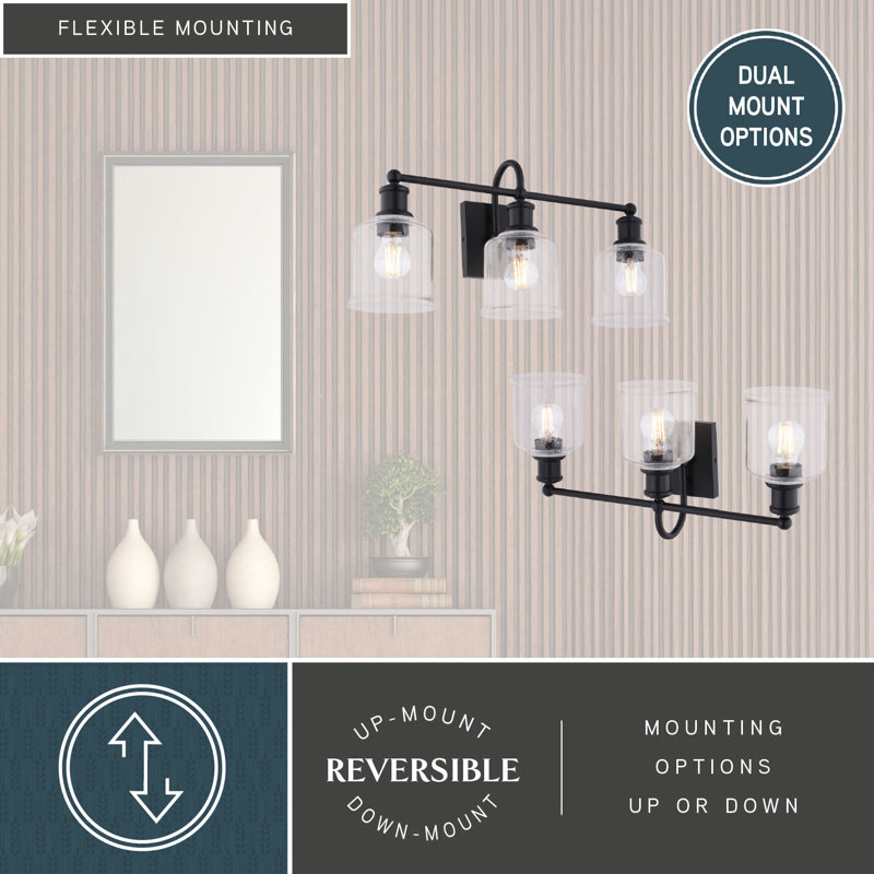 Northbrook Matte Black Traditional Bathroom Vanity Lighting Fixture, Clear Seeded Cylinder Glass Shade, Dimmable, LED Compatible, Reversible Over The Mirror Mounted Steel Wall Sconce