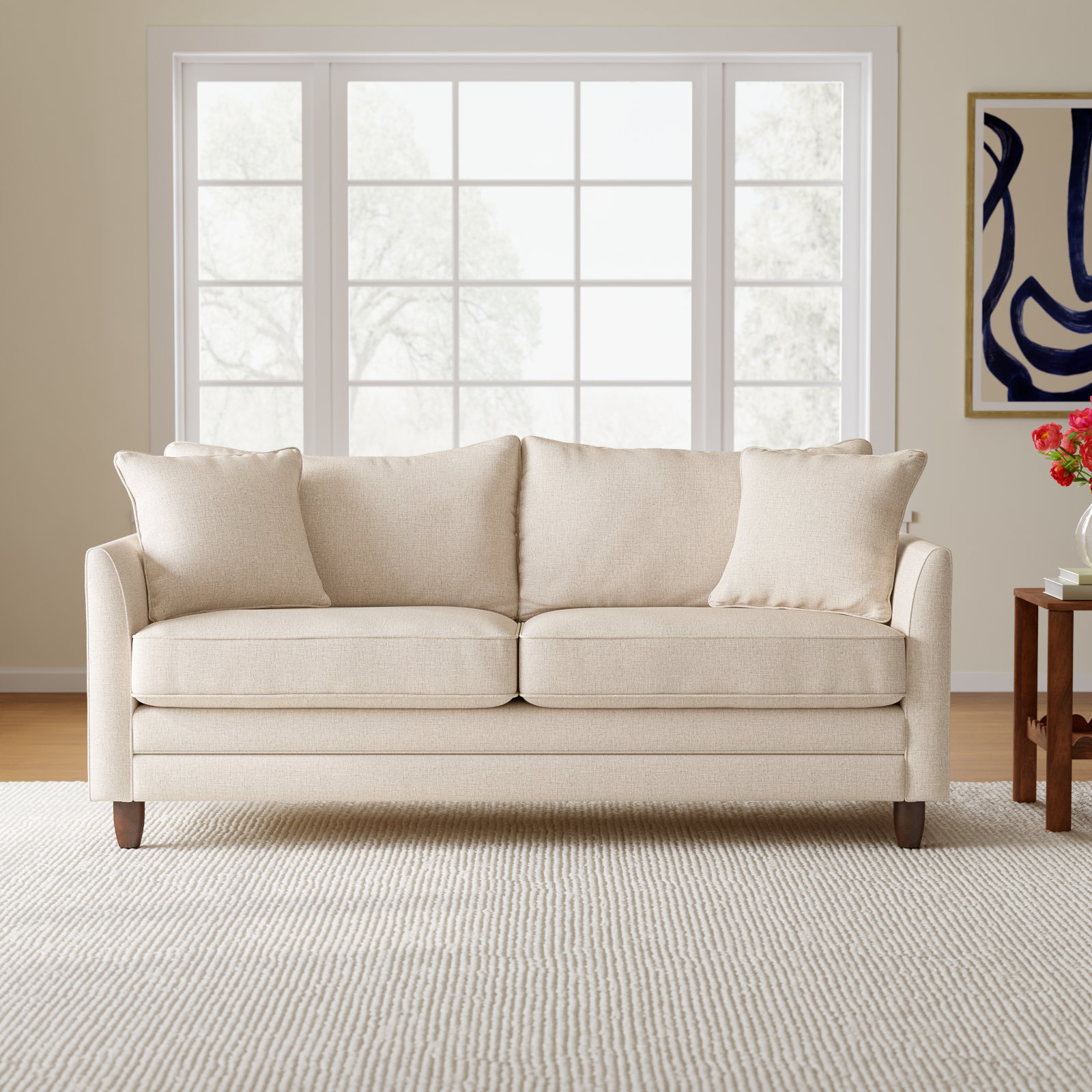 Kodie 76.5'' Upholstered Sofa, Tusk Beige Performance, Dark Walnut