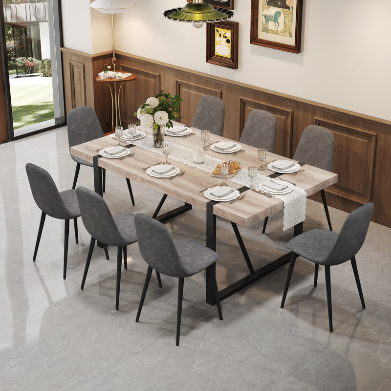 Modern Industrial 9-Piece 71" Dining Set with Geometric Base and Upholstered Chairs, Dark Gray