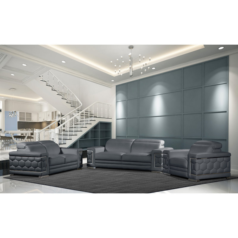 Yurith 3 - Piece Living Room Set, Gray Genuine Leather