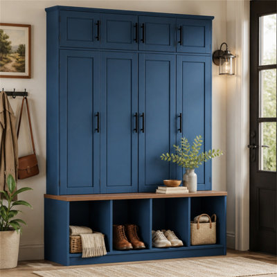 Farmhouse Hall Tree with 4 Hidden Hanging Hooks, Versatile Walnut Seating Bench with 8 Doors, Entryway Shoe Cabinet with Open Compartment for Living Room