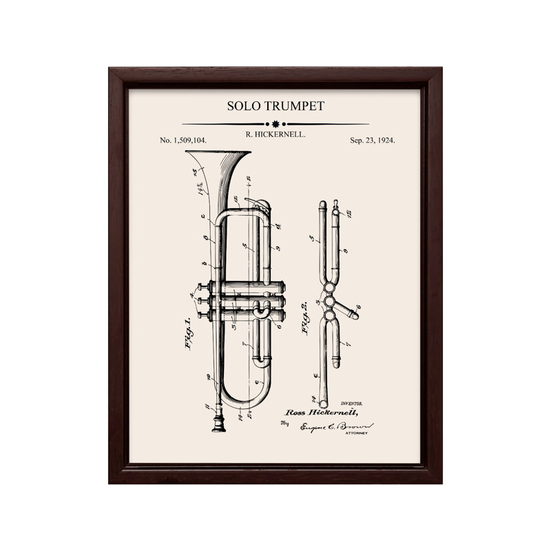 Trompette Blueprint No2, Canvas, 24"H x 32"W, Brown Framed