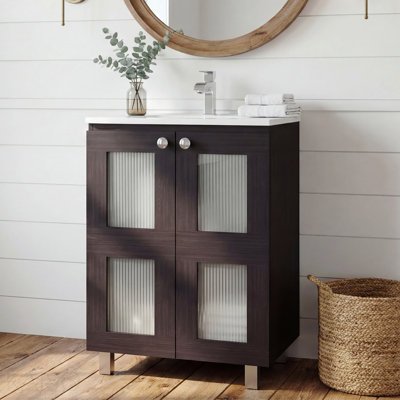Armoire de salle de bain avec 2 portes en verre givré, lavabo en résine et 2 tablettes intérieures, meuble-lavabo compact rétro et moderne