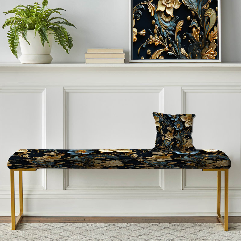 Upholstered Gold Bench, Golden Embellishments