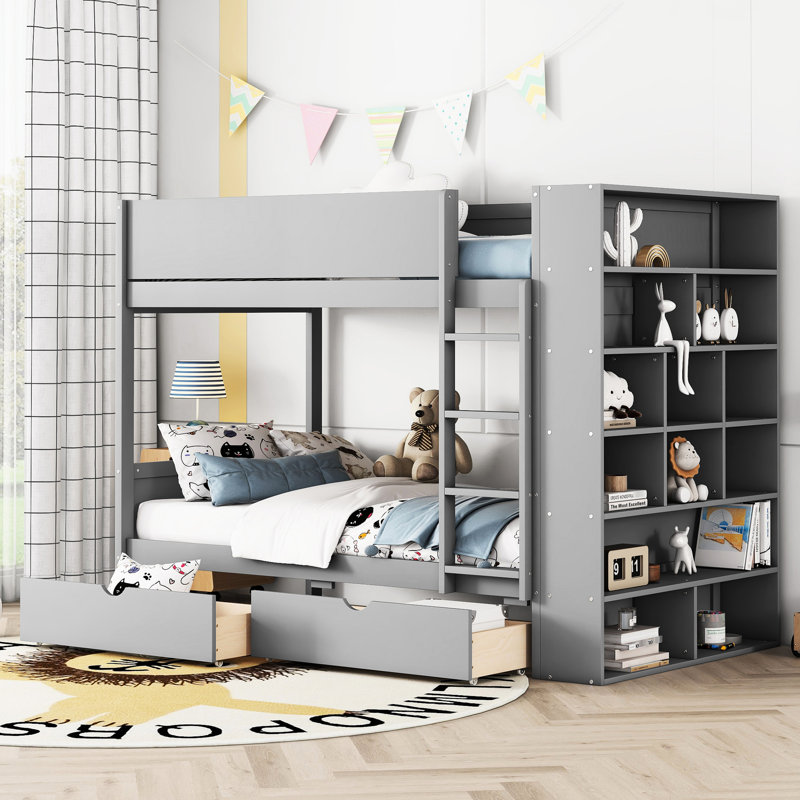 Lit superposé simple gris avec rangement efficace - 2 tiroirs et armoire multicouche idéale pour les familles en pleine croissance