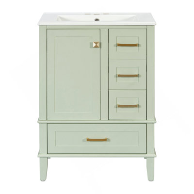 Meuble-lavabo de 24,8 po avec lavabo en céramique, armoire autoportante moderne avec porte à fermeture en douceur, tiroir profond, tiroir peu profond et tiroir large pour un rangement peu encombrant