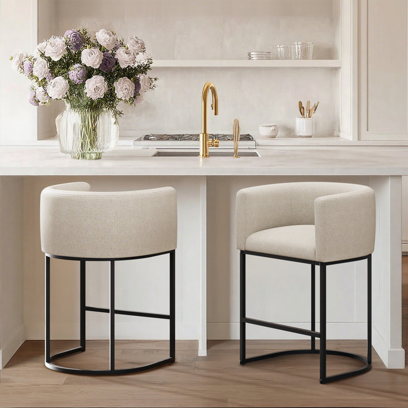 Upholstered Counter Stool with Metal Frame Barrel Low Back Counter Stools Set of 2, Beige