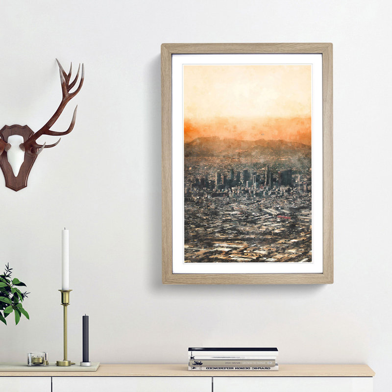 High over the Los Angeles Skyline - Picture Frame Painting Print, 45cm H x 33cm W x 2cm D, Oak Framed